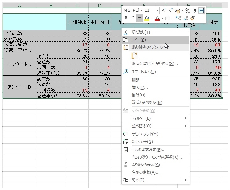 Excelの表データをドラッグしてマウスの右クリックのコピーを選択